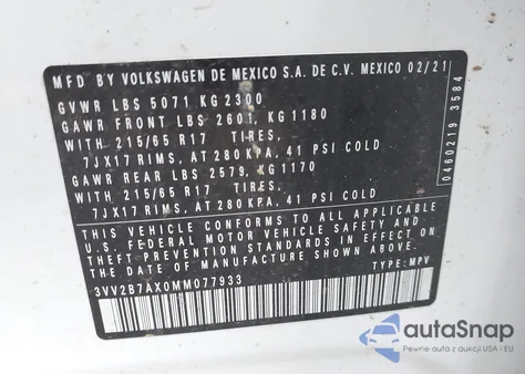 2021 Volkswagen Tiguan 2.0T Se/2.0T Se R-Line Black/2.0T Sel z USA, uszkodzony, nr VIN 3VV2B7AX0MM077933